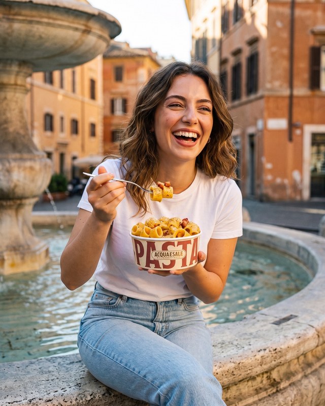 Pausa pranzo con la bowl sui gradini di una fontana a Roma